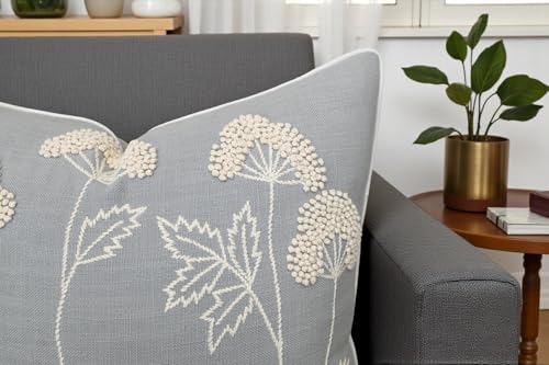 Rudransha Hand Embroidered Wildflower 20x20 Pillow Cover, Light Grey - color: Blooming-light Grey, size: 20" x 20" (Pack of 1)