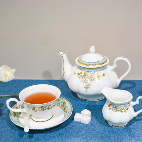Bone China Tea Set, 21-Pieces Porcelain Tea Set for Adults, Tea Cups And Saucers for 6, with Teapot, Spoons, Sugar Bowl, Creamer Pitcher, Vintage Tea Set for Women Tea Party (Green) - color: Green