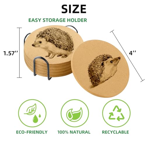 Hand Drawn Hedgehog Coasters with Holder Set of 6, Illustration Cork Coaster Absorbent for Office Desk Table Coasters Kitchen Decor House Warming Gifts for New Home Couples, Round 4" - color: Hedgehog