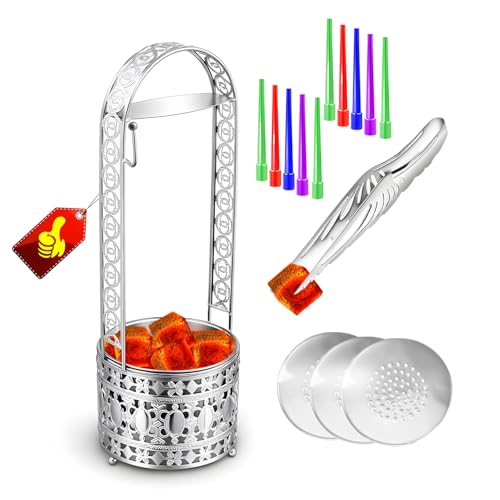 Portable Hookah Charcoal Basket with Coal Tongs,50 pre-Cut foil Sheets, 20 hygienic mouthpieces - Metal Storage Container & Holder for Shisha Accessories (Silver Basket 15.7") - size: Silver Basket 15.7"