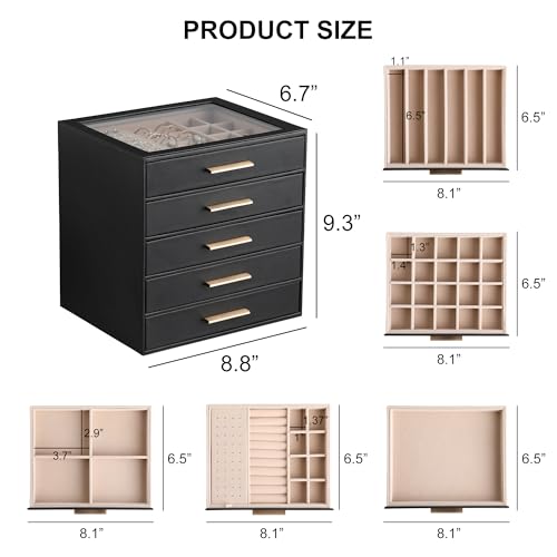 Frebeauty Jewelry Box for Women,Clear Lid Jewelry Organizer with 5 Drawers - color: Black, size: 5 Drawer