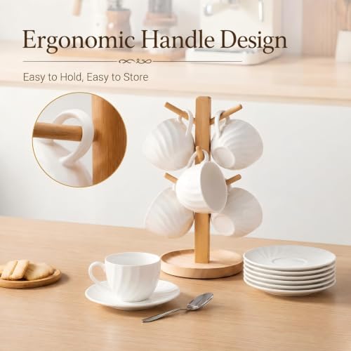 Fine Bone China Cappuccino Cups with Saucers Set of 4, 7 oz - color: 4Pcs Spiral Set, size: 4 Count (Pack of 1)
