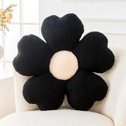 Kcvvcr Flower Throw Pillow, Cute Flower Shaped Pillow Decorative Throw Pillow for Bed Couch, Soft Daisy Pillows Floor Seating Cushion Cushions (14.9 Inch Black) - color: Black, size: 14.9 Inch