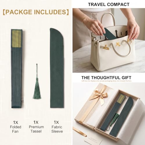 Japanese Folding Hand Fan for Women - Bamboo Silk Handheld Foldable Fan with Tassel & Pouch for Hot Flashes, Rave, Church, Gift,Wedding - Whisper-Quiet, Purse Size (Gradient Green) - color: Gradient Green