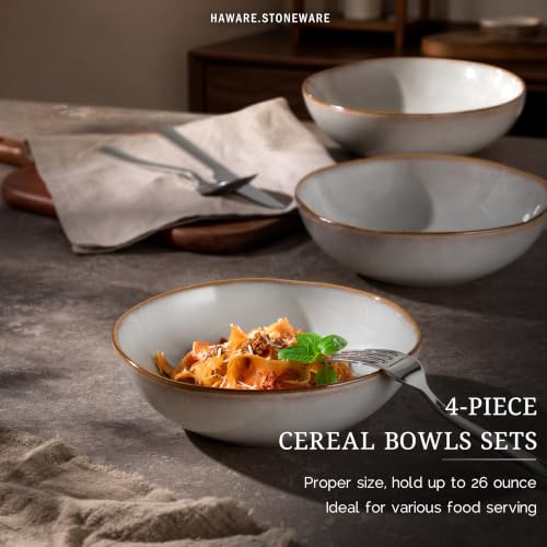 HaWare Cereal Bowls, 26oz Stoneware Serving Bowls Set of 4, for Salad Pasta - color: Reactive Pearl White