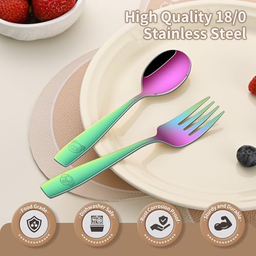 DEHOV Rainbow Toddler Eating Utensils Set,Set Of 12 Food Grade Stainless Steel Silverware Sets For Kids,Dishwasher Safe Children Small Metal Spoons And Forks Flatware Sets - color: Rainbow