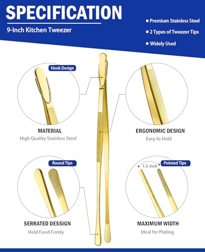 JETKONG 2 Pcs 9-Inch Cooking Tweezers Stainless Steel Food Tweezers Kitchen Tweezer Tongs (Gold) - color: Gold, size: 9+9 Inch