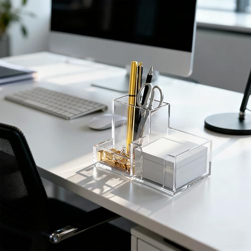 HBlife Acrylic Pen Holder for Desk, 3-Compartment Small Desk Organizer, Clear Office Supplies Desk Accessories with Sticky Notes Holder Stores Post It Notes 3X3 for Office, Home and School - color: Clear, size: 6.35”x 3.35” x 3.6”
