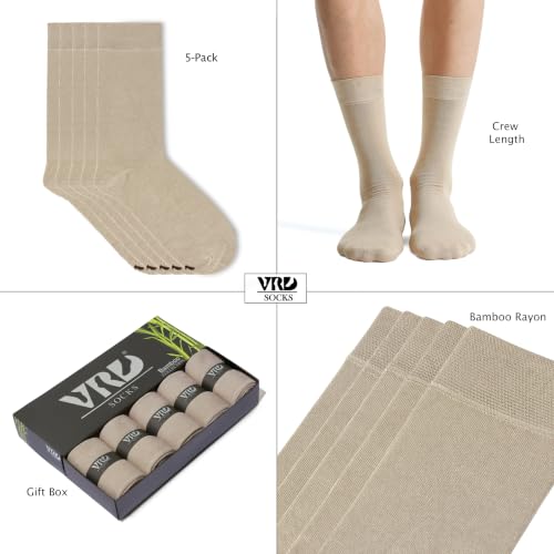 VRD Men's Dress Socks Bamboo Rayon, 5-Pack Crew Socks, Multiple Colors and Designs, Shoe Size 8-13, Gift Box - color: 14: Camel Beige, 5-pack Solid