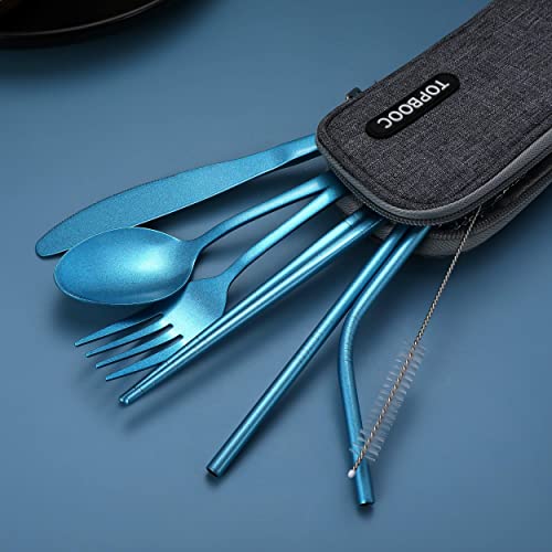 Portable Stainless Steel Flatware Set, Travel Camping Cutlery Set, Portable Utensil Travel Silverware Dinnerware Set with a Waterproof Case (Light Blue) - color: Light Blue