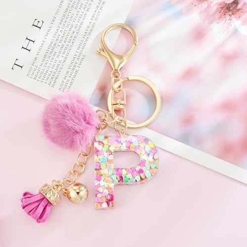 Resin Alphabet Initial Letter Keychain Keyring for Women Purse Handbags With Fur Ball Pom - color: Deep Pink Fur Ball Letter P