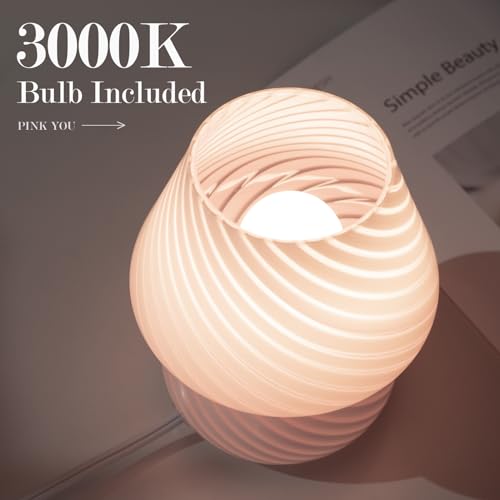 ONEWISH Mushroom Lamp-Small Bedside Table Lamp with Striped Glass, Nightstand Lamp for Bedroom, Living Room, Cafe, Bulb Included, Home Decor for Girls Women, Pink - color: Pink