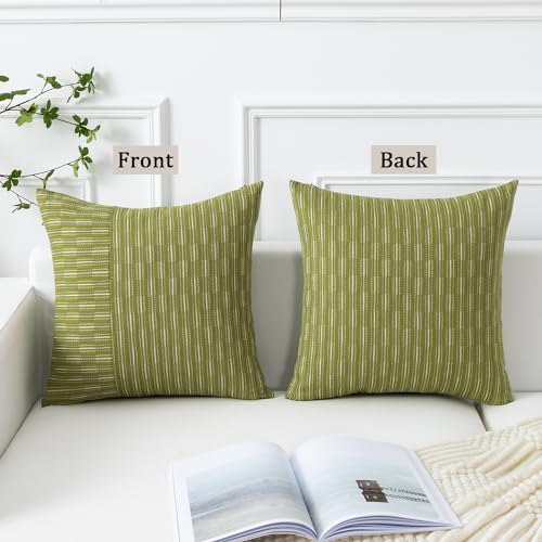 Kevin Textile Light Green and Beige Farmhouse Striped Patchwork Linen Spring Decorative Throw Pillows Covers 18x18, Set of 2, Modern Accent Square Cushion Covers for Couch Chair Bedroom Decorations - color: Light Green, size: 18" x 18" (Pack of 2)