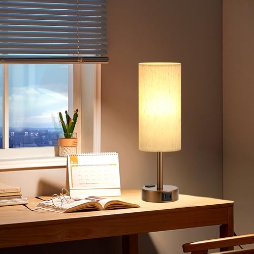 Fenmzee Brown Bedside Lamp for Bedroom, Dimmable Touch, USB A+C, AC Outlet - color: Cream - Brown, size: 14"