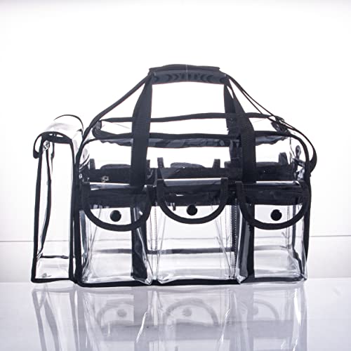 Wide Open Large Professional Clear PVC Travel Makeup Artist Set Bag Cosmetic Nails Beauty Bags Transparent Vinyl Tool Organizer Beach Bags Diaper Bag with 6 External Pockets & Strap (Black) - color: Black