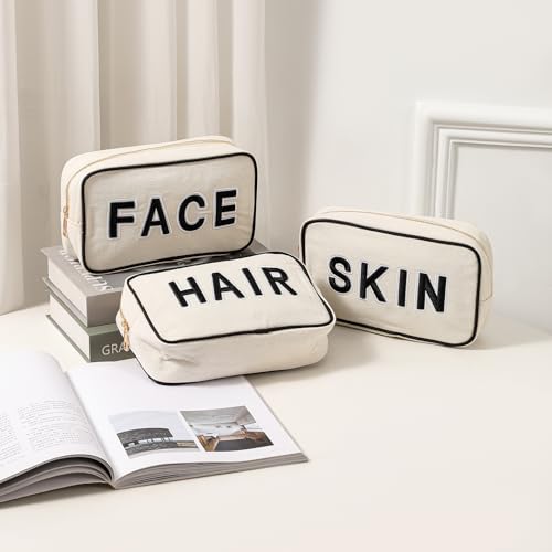 uekeboag 3Pcs Canvas Chenille Letter Makeup Bag Set(Hair Skin Face) - color: Black Hair Skin Face 3Pcs