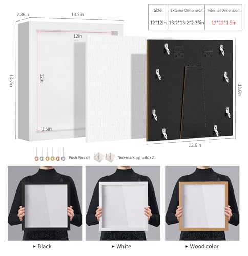 12x12 Shadow Box Picture Frame with Real Glass Panel and Linen Back - color: White + Thickened Panel + Foam Packaging, size: 12x12