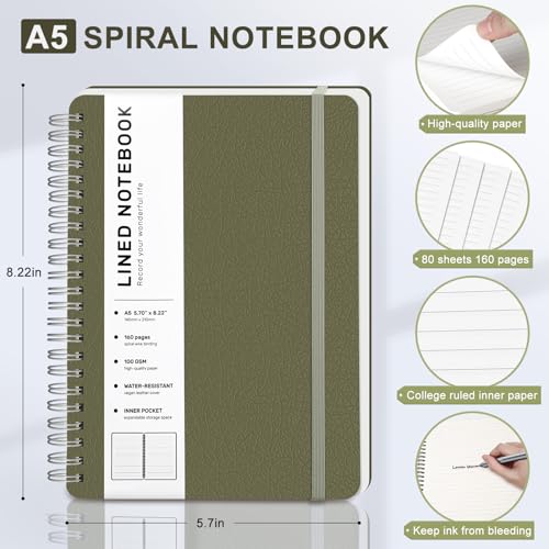Lined Spiral Notebook for Women, A5 College Ruled Leather Spiral Journals - color: Green, size: A5