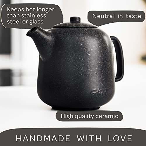 Steinzeit Design Tea Pot (44 oz) - Premium Ceramic Teapot with Infuser for Loose Tea - Black Teapot Ceramic with Removable Strainer - size: 44 oz without warmer