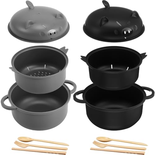 2 Sets 45oz Cute Pig Ramen Bowl Set Microwavable Cook, Black, Gray - color: Black,Gray