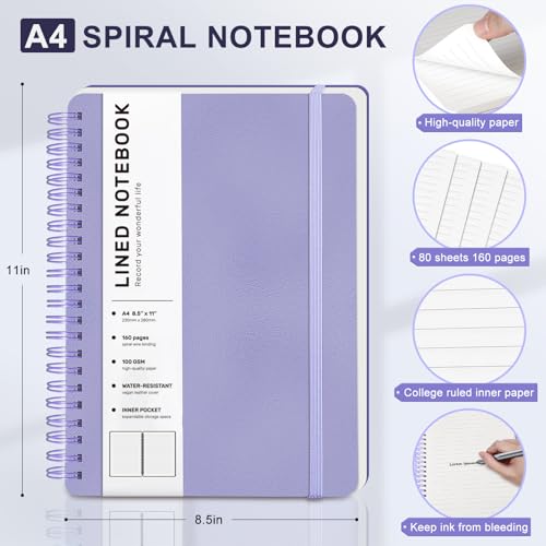 Lined Spiral Journal Notebook, A4 Hardcover Leather Notebook for Work, 8.5''×11'', 100GSM Thick Paper Spiral Bound Journaling Notebooks for Women & Men Office School Note Taking Business, Purple - color: Purple, size: A4