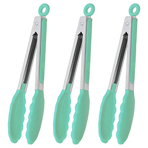 HINMAY 9" Kitchen Cooking Tongs with Silicone Tips, Set of 3 (Mint) - color: Mint