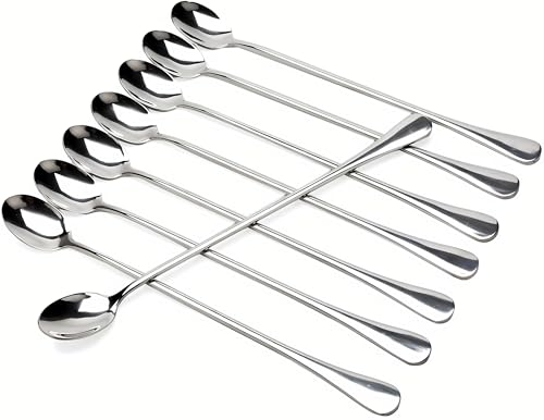 Long Handle Iced Tea Spoons, 9" 18/10 Stainless Steel Cocktail Stirring Spoons with Thickened Ergonomic Handle, Tall Coffee & Latte Stirrers, Dessert Spoon Set, Dishwasher Safe (9 IN) - color: Silver 9 IN, size: pointed