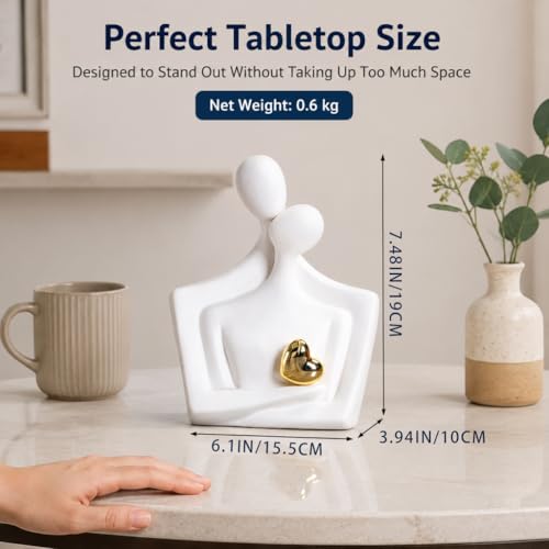 Ceramic Hugging Couple Statue with Gold Heart - Lover Figurine Home Decor Aesthetic, Romantic Gift for Her on Wedding Anniversaries and Valentine's Day Decor for Living Room Bedroom Shelf - size: Hug L-7.5in