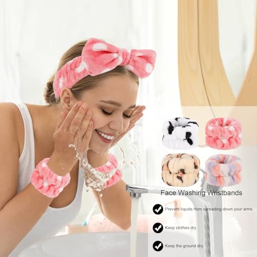 CIEHER 12 PCS Makeup Headband for Women Wrist Washband Scrunchies Cuffs for Washing Face, Soft Bow Hair Band Matching Wristbands, Cow, Leopard, Streaks, Polka dots - color: Cow, Leopard, Streaks, Polka dots