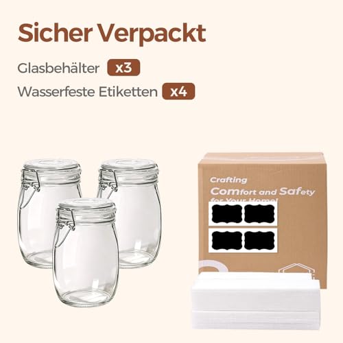 ComSaf Glass Jars with Airtight Lids 34oz 3 Pack Pantry Storage Coffee - size: 34oz*3