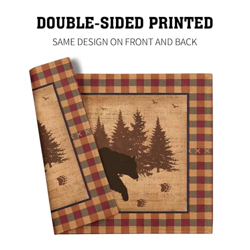 Rustic Bear Forest Pine Tree Placemats Set of 4, Wildlife Paw Print Buffalo Plaid Table Place Mats 18 x12 Inch Heat Resisting Non-Slip Table Mats for Party Holiday Kitchen Farm Indoor Decor - color: Rustic Bear