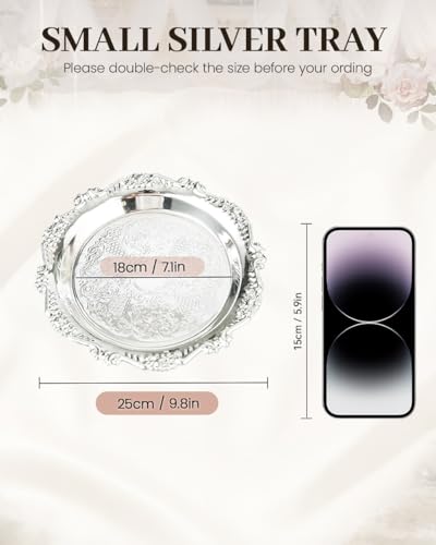 Silver Decorative Tray Set of 2, 10'' Round Vintage Metal Serving Tray, Medium Ornate Coffee Table Centerpiece, Vanity Tray for Perfume, Jewelry, Party Decor - color: Silver, size: 10''