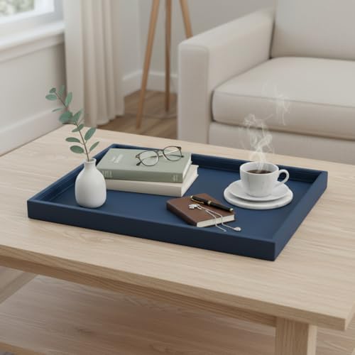 20x14 Inch Rectangular Ottoman Tray | Textured PU Leather, Waterproof & Heat-Resistant Storage for Coffee/Dining Tables, Sofa, Bed, Entertainment & Party (Navy Blue, 20 * 14in) - color: Navy Blue, size: 20" x 14" x 1.5"