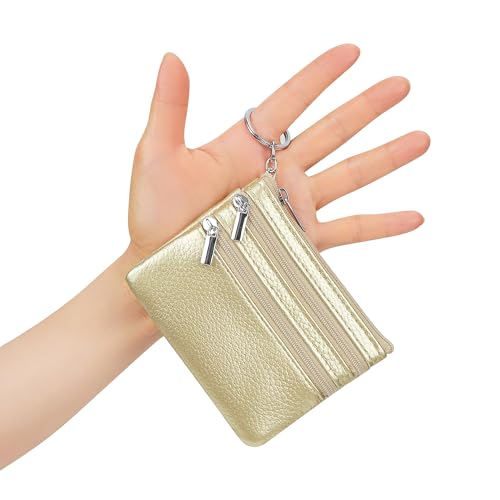 Women Genuine Leather Coin Purse Keychain Change Purse - color: Gold
