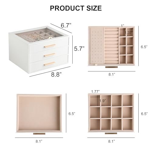 Frebeauty Jewelry Box for Women,Clear Lid Jewelry Organizer with 3 Drawers - color: White, size: 3 Drawer
