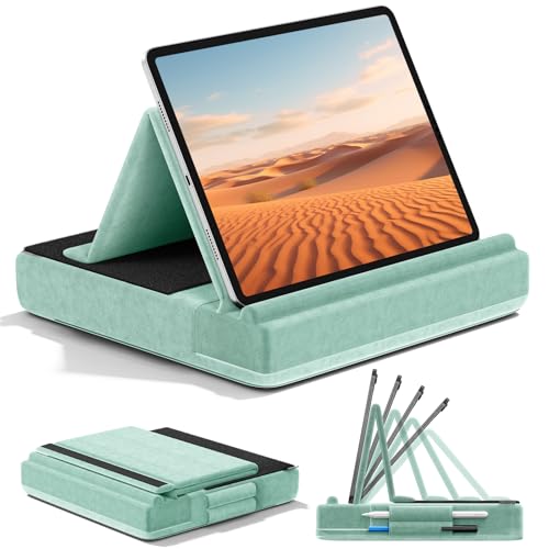 KDD Tablet Pillow Stand, Multi-Angle Viewing Ipad Holder for Lap, Bed and Desk, Foldable Soft Pad Dock with Stylus Mount Compatible with Ipad Pro 12.9, 10.5, 11, Air, Mini, Phones, Books, E-Reader - color: Green
