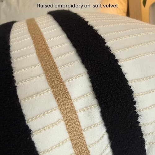 AYAY Decorative Velvet Throw Pillow Cover 18x18 Inch – Off White with Black & Beige Embroidered Modern Stripe Design, Minimalist Neutral Accent Cushion, Hidden Zipper, Cover Only - color: Modern Black and Beige