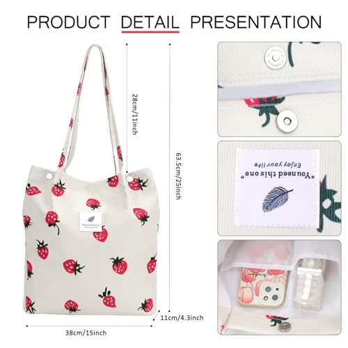 Ayieyill Corduroy Tote Bag for Women Canvas Shoulder Cord Purse with Inner Pocket - color: Beige Strawberry
