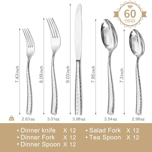 KINGSTONE Hammered Flatware Set, 60-Piece 18/10 Stainless Steel Silverware - size: 60-Piece