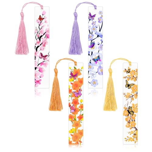 4pcs Pressed Flower Bookmarks, Transparent Acrylic Bookmark with Tassels, Butterfly Flower Theme Book Marks for Reading Women, Cute Book Marking Accessories Gift for Books Lovers(4 Colors) - color: Pink, Light Purple, Orange, Light Gold Yellow