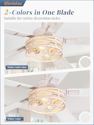 Fanbulous Farmhouse Ceiling Fans with Light & Remote, 48" Caged, 6-Speed - color: White and Gold, size: 48 Inch