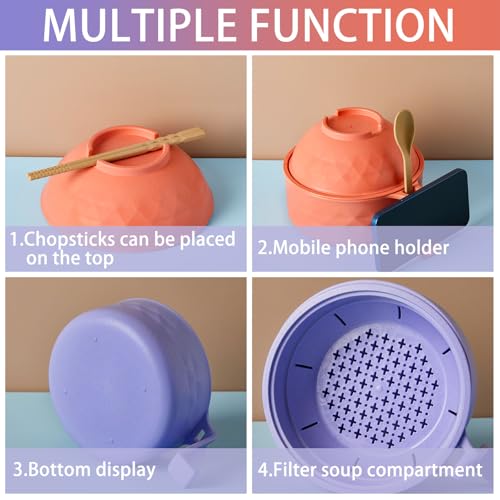 2 Sets 40 oz Microwave Ramen Bowl with Handles, Purple,Orange - color: Purple,Orange