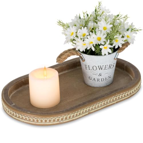 Hanobe 15" Vintage Wood Decorative Tray for Coffee Table Decor, Beaded Edge - color: Oval Brown