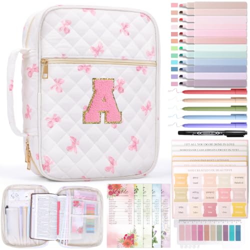 XKDOUS Bible Cover for Women Bible Bag Kit Church Book Holder Carrying Case - color: Pink Bow With Letter a
