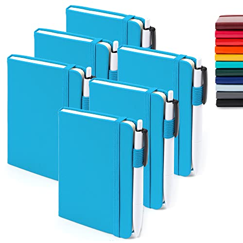 feela 6 Pack Pocket Mini Notebooks Bulk, Small Cute Memo Notepads Hardcover College Ruled Lined Journals with Pen Holder for School Business Work, with 6 Black Pens, 3.5”x 5.5”, A6, Teal - color: 6 Teal