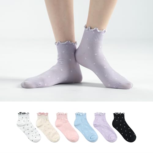 Womens Cotton Crew & Ankle Socks, Cute Floral Ruffle Colorful Tube Size 6-9 - color: Ruffle Dot B