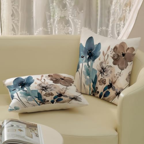 Floral Pillow Covers 18x18 Set of Brown Blue Flower Throw Pillow Covers Outdoor Decoration,Spring Summer Floral Decor Pillowcase Farmhouse Linen Decorative Cushion Cover for Home Sofa Couch - color: Watercolor-floral-blue Brown, size: 18" x 18" (Pack of 2