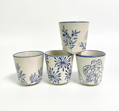 6 oz Japanese Tea Cups, Matcha Cups Ceramic, Handless Espresso Cups - color: Blue-Plants 2