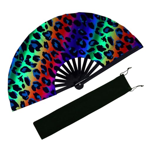 EOSAU Large UV Glow Rave Fan, Folding Hand Fans for Line Dancing, Leopard - color: 13" Leopard Print