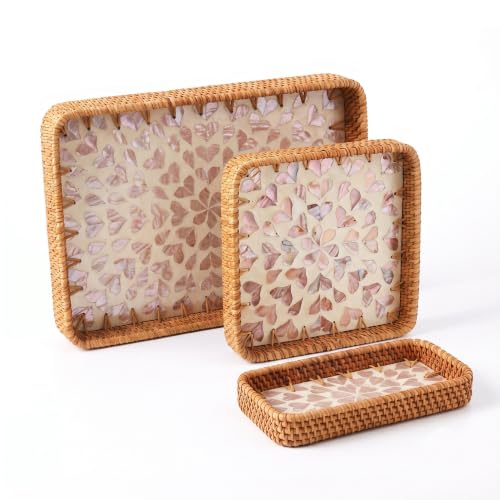 Handwoven Rattan Tray Set of 3 with Mother of Pearl Pink Petal Inlay - color: Pink Petal